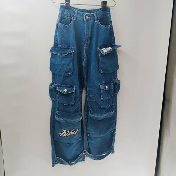 Fubu 05 x Forever 21 Baggy Jeans Sz S Wide Horseshoe Leg Grunge Raver Skater Y2K - Picture 7 of 11